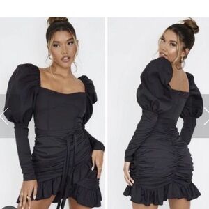 PrettyLittleThing Black Puff Sleeve Ruched Wrap Bodycon Dress